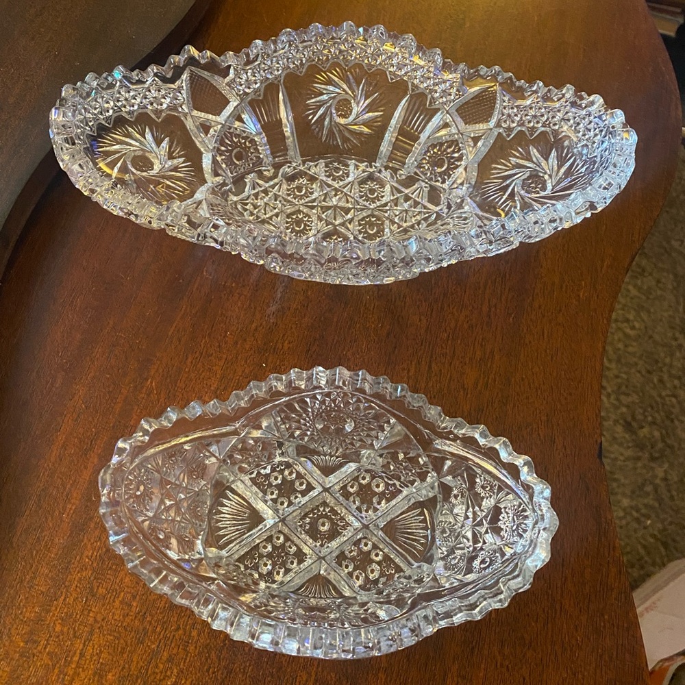 Pair Vintage Cut Glass Decorative Serving Dishes - Clear Crystal Look
